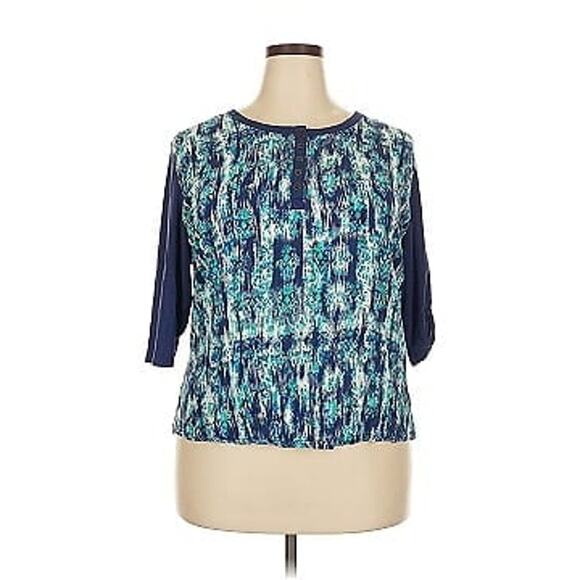 Bit & Bridle Blue Aztec Roll-Tab Sleeve Quarter Button Top Women's Size XL - Picture 1 of 8